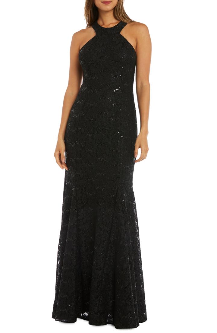 Women's Morgan & Co. Strappy Back Sequin Lace Gown - Black
