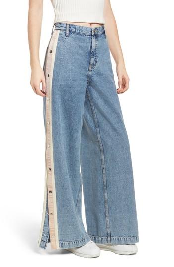Women's Topshop Moto Side Button Wide Leg Nonstretch Jeans W X 30l (fits Like 24w) - Blue