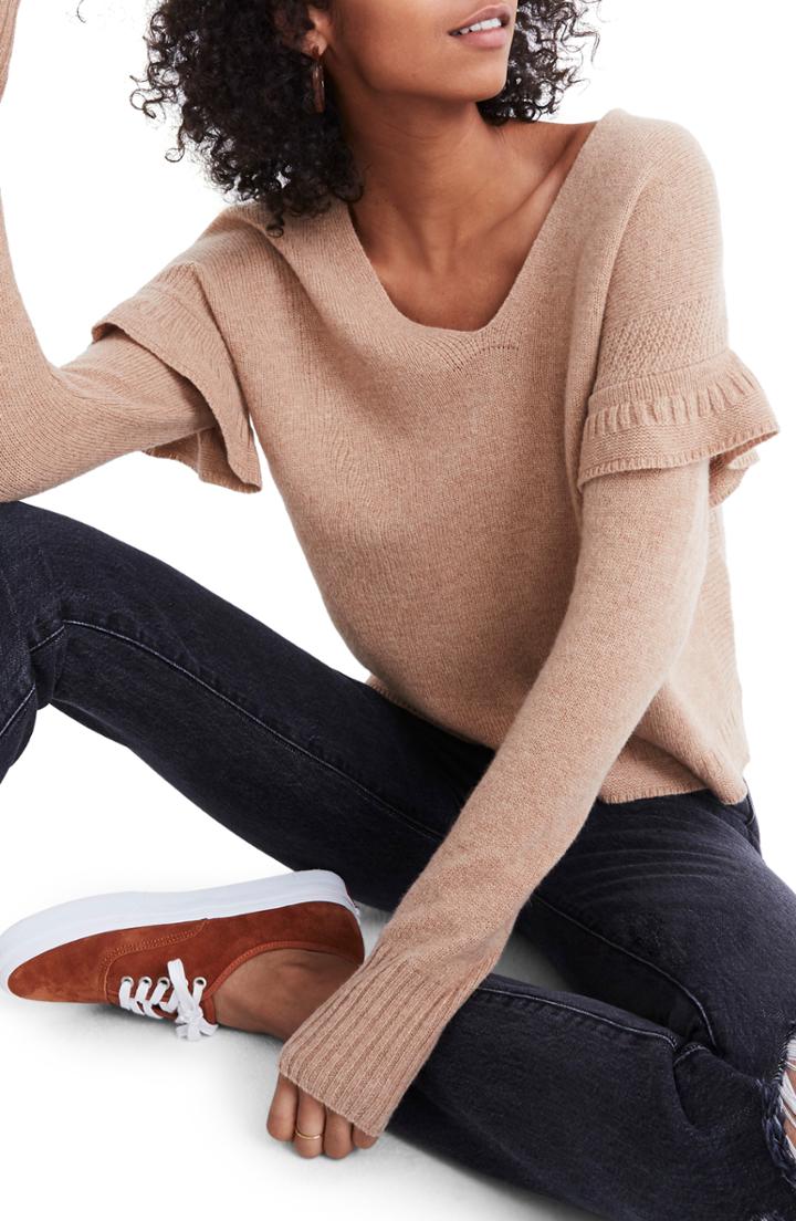 Women's Madewell Ruffle Stitch Play Pullover Sweater - Brown