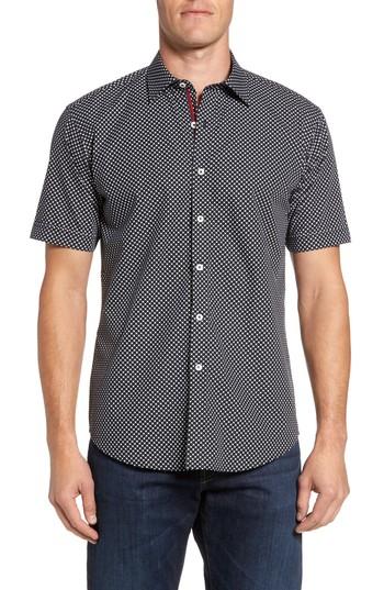 Men's Bugatchi Shaped Fit Spot Grid Sport Shirt, Size - Black
