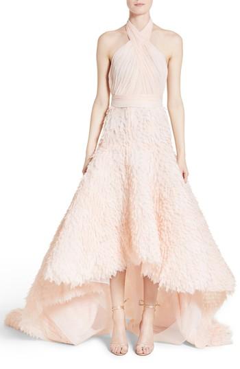 Women's Marchesa Draped Bodice Crepe Halter Gown - Beige