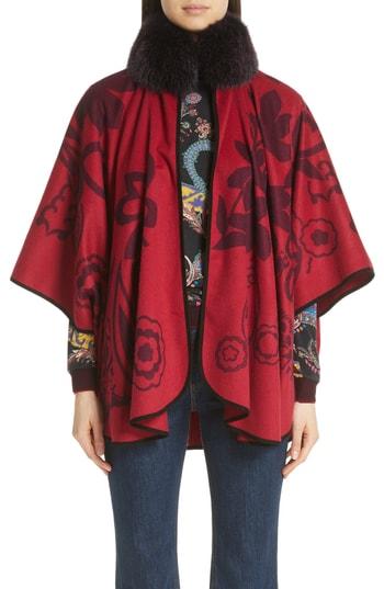 Women's Etro Paisley Cashmere Poncho With Genuine Fox Fur Collar, Size - Pink