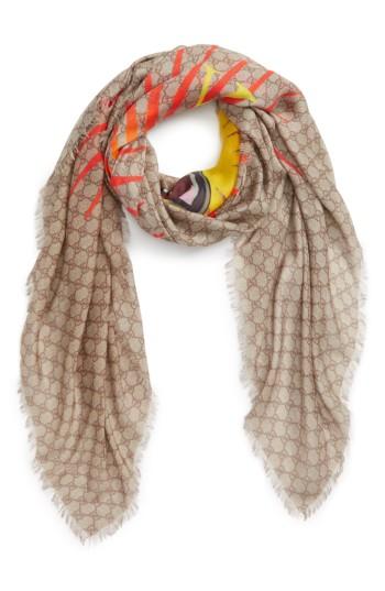 Men's Gucci Sun Angry Cat Print Modal & Silk Scarf, Size - Beige