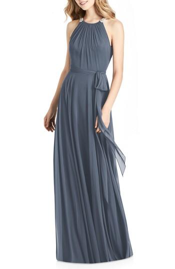 Women's Jenny Packham Beaded Strap Chiffon Gown - Grey