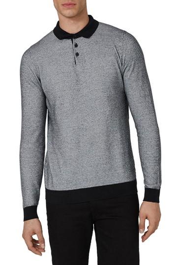 Men's Topman Long Sleeve Texture Polo - Black