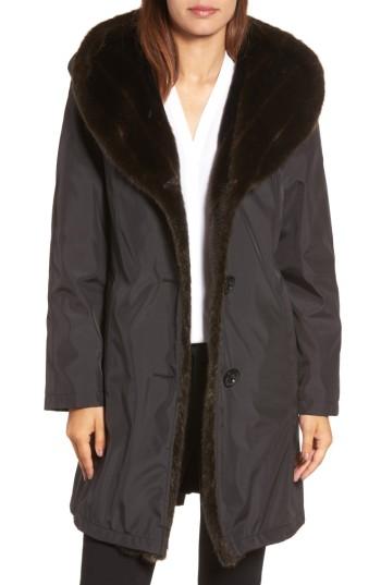 Women's Gallery Storm Coat With Faux Fur Trim & Lining - Black