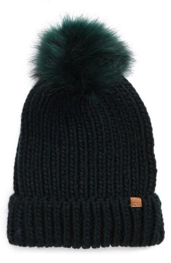 Women's David & Young Faux Fur Pom Chunky Beanie - Green