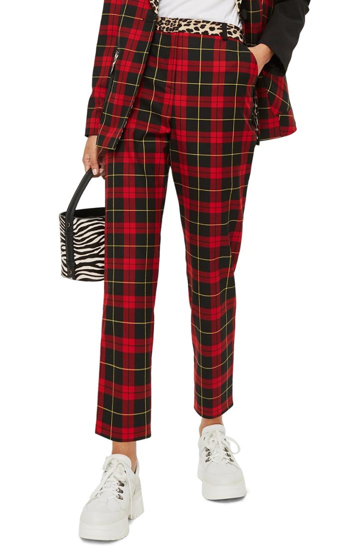 Women's Topshop Leopard Trim Tartan Trousers Us (fits Like 2-4) - Red