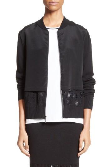 Women's St. John Collection Stretch Silk Crepe De Chine & Mesh Bomber Jacket