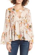 Women's Sun & Shadow Floral Print Bell Sleeve Blouse, Size - Pink