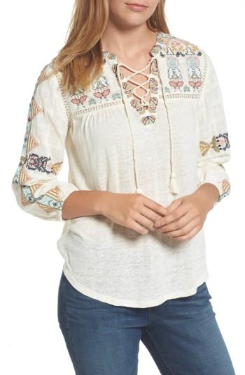 Women's Lucky Brand Embroidered Lace-up Top - White