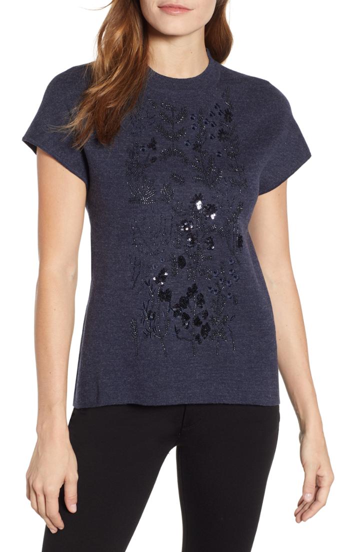 Women's Anne Klein Beaded Mock Neck Top, Size - Blue