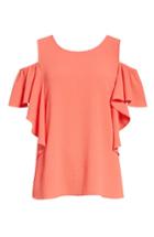 Petite Women's Bobeau Cold Shoulder Ruffle Sleeve Top P - Coral