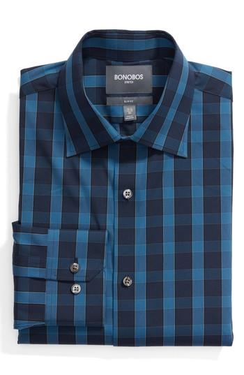Men's Bonobos Chiltern Trim Fit Stretch Check Dress Shirt - 33 - Blue