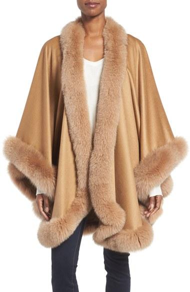Women's Sofia Cashmere Genuine Fox Fur Trim Cape, Size - Brown