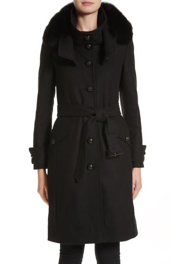 Women's Burberry Claybrooke Wool Blend Coat With Removable Genuine Fox Fur Trim - Black
