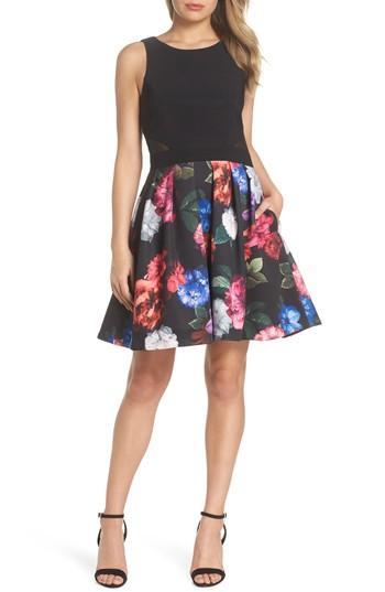 Women's Xscape Floral Print Fit & Flare Dress - Black