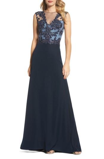 Women's Tadashi Shoji Embroidered Mesh & Crepe Gown - Blue