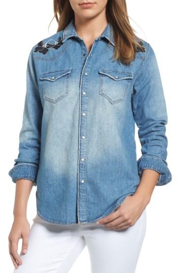 Women's Mavi Jeans Vintage Rose Embroidered Denim Shirt - Blue
