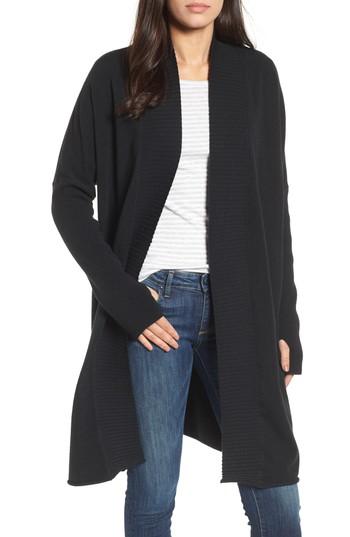 Women's Caslon Off-duty Rib Trim Long Thumbhole Cardigan - Black