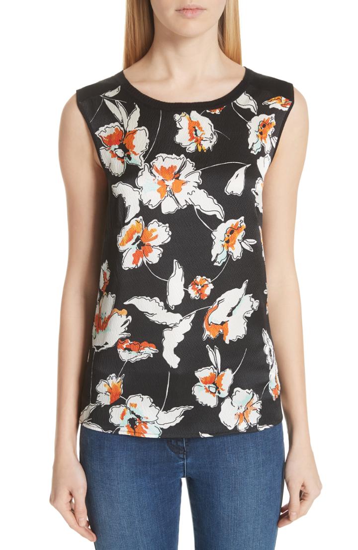 Women's St. John Collection Modern Floral Print Hammered Satin & Jersey Top - Black