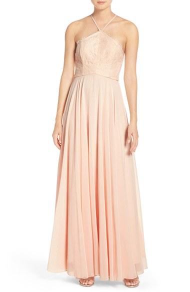 Women's Lulus High Neck Lace & Chiffon Gown