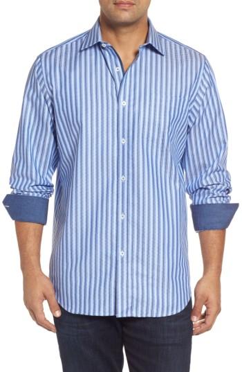 Men's Bugatchi Classic Fit Striped Sport Shirt - Blue