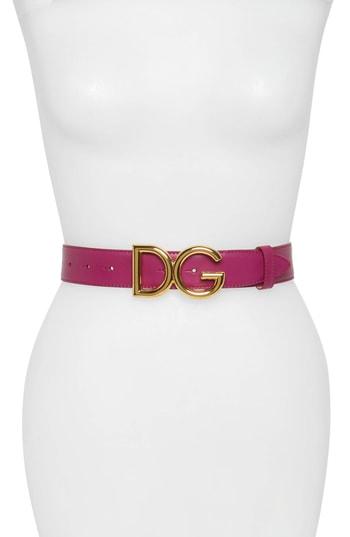 Women's Dolce & Gabbana Family Lux Metal Logo Buckle Leather Belt - Orchidea/ Ottone