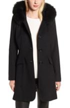 Women's Kristen Blake Genuine Fox Trim Hooded Wool Coat - Black