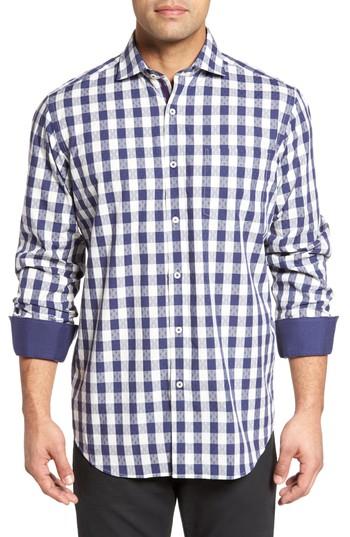 Men's Bugatchi Classic Fit Dobby Gingham Sport Shirt, Size - Blue
