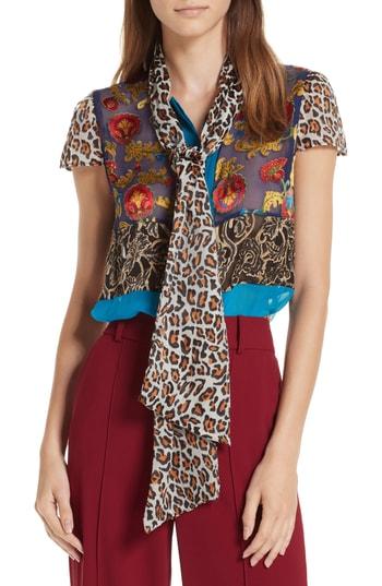 Women's Alice + Olivia Jeanie Tie Neck Mixed Burnout Blouse - Black