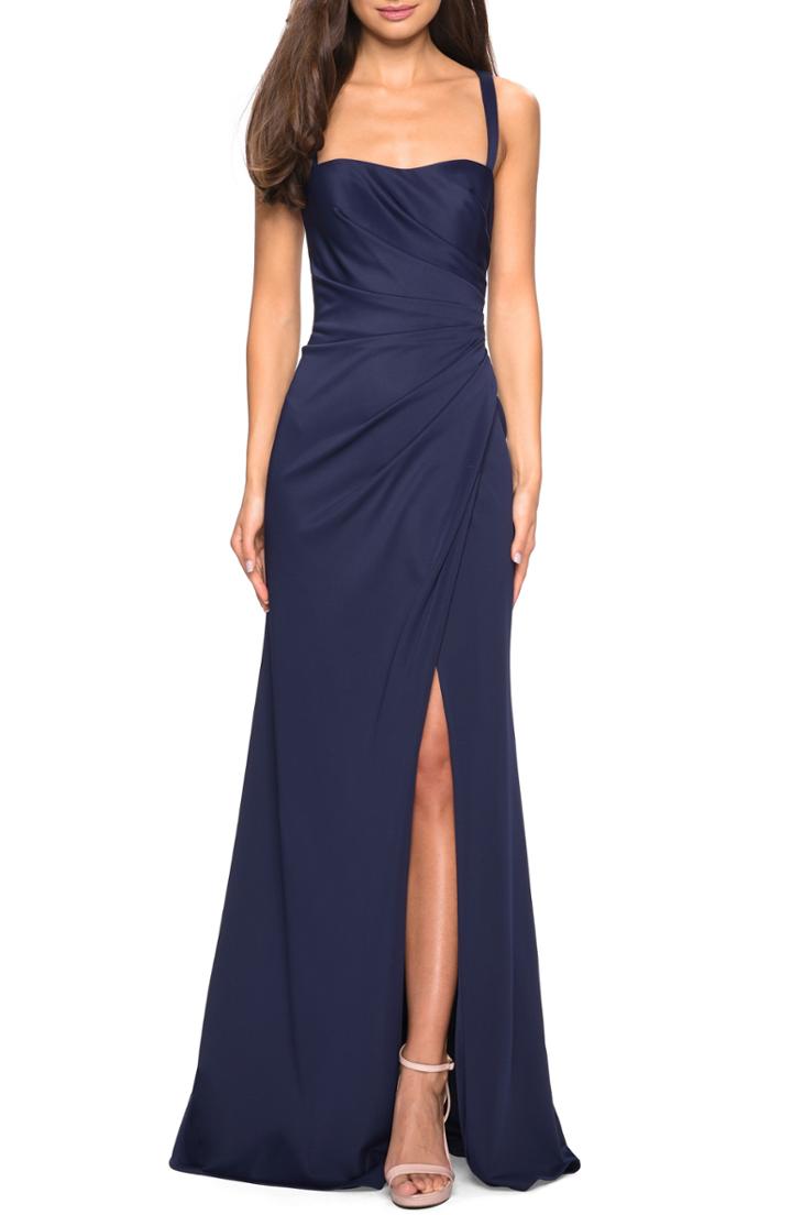 Women's La Femme Ruched Soft Jersey Evening Dress - Blue