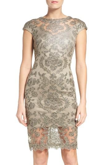 Petite Women's Tadashi Shoji Embroidered Lace Sheath Dress P - Beige