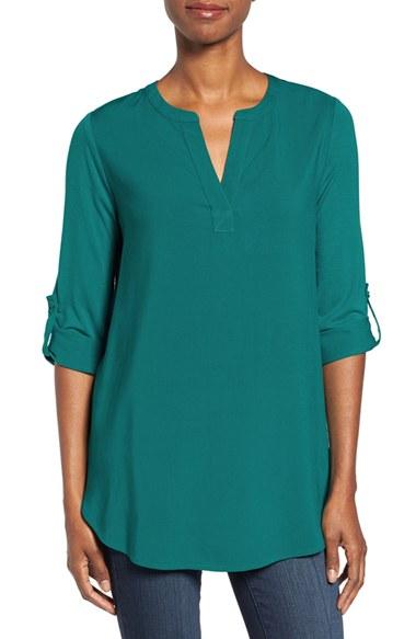 Petite Women's Pleione Split Neck Roll Sleeve Tunic, Size P - Green