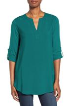 Petite Women's Pleione Split Neck Roll Sleeve Tunic, Size P - Green