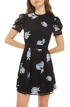 Women's Topshop Bloom Studded Puff Sleeve Skater Dress Us (fits Like 0) - Black