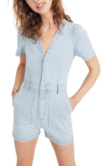 Women's Madewell Stripe V-neck Romper, Size - Blue