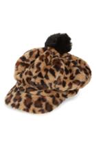Women's Bp. Pompom Leopard Print Faux Fur Baker Boy Hat - Brown
