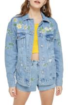 Women's Topshop Love Me Not Embroidered Denim Jacket Us (fits Like 0) - Blue