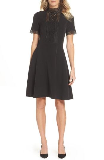 Women's Tahari Lace Inset Fit & Flare Crepe Dress - Black