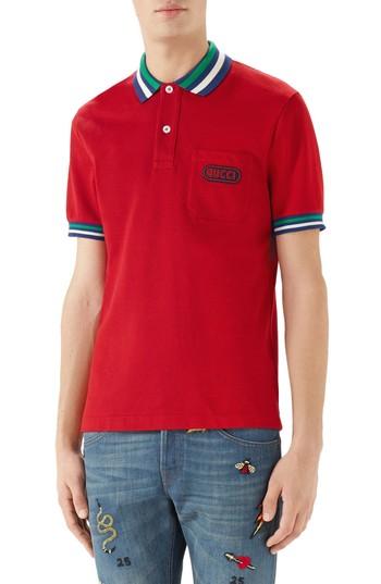Men's Gucci Logo Patch Tipped Pique Polo - Red