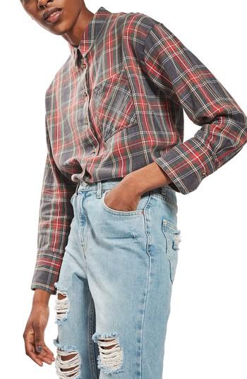 Women's Topshop Washed Tartan Shirt Us (fits Like 0-2) - Red