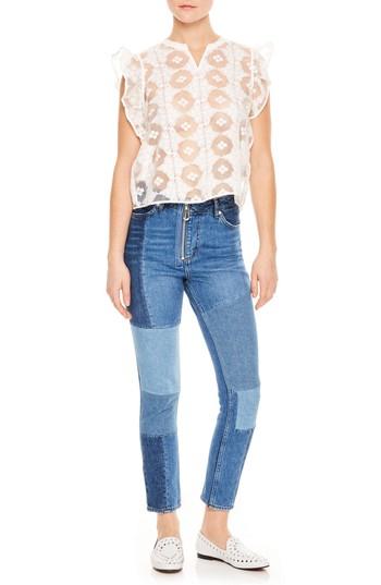 Women's Sandro Blanc Ruffle Sleeve Split Neck Lace Top - White