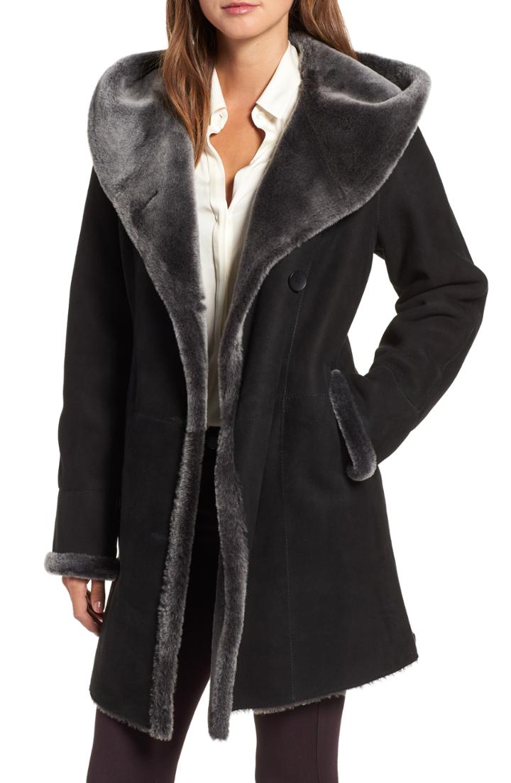 Women's Hiso Hooded Merino Shearling Coat - Black
