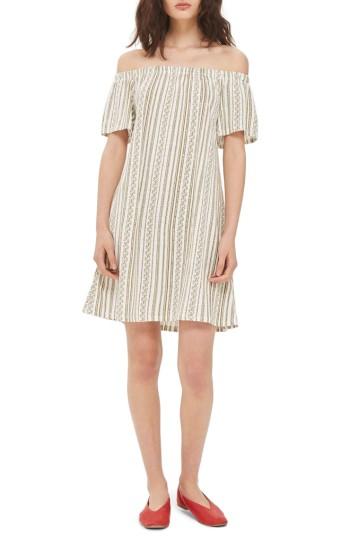 Women's Topshop Stripe Off The Shoulder Minidress Us (fits Like 0) - Green