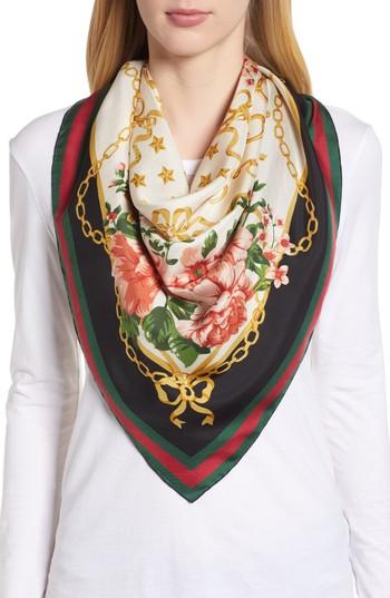 Women's Gucci Rose Chain Foulard Silk Twill Scarf, Size - Ivory