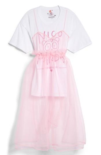 Women's Nicopanda Oversize Scribble Prom Tee Dress With Tulle Skirt, Size - White