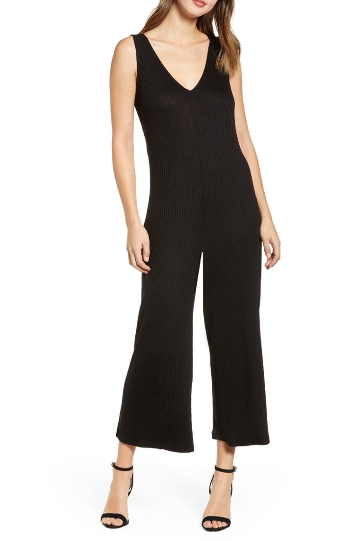 Women's Love, Fire Ribbed Wide Leg Crop Jumpsuit - Black