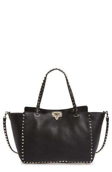 Valentino 'rockstud' Grained Calfskin Leather Tote - Black