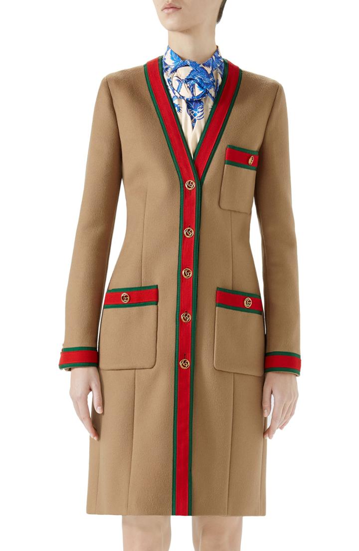 Women's Gucci Wool Stripe Trim Coat Us / 42 It - Brown